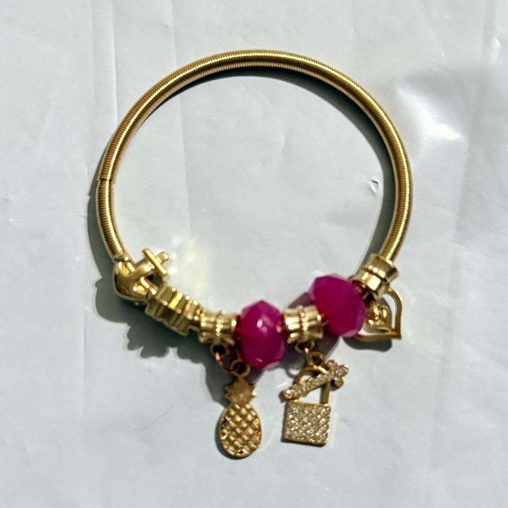Gold Tone Bangle Charm Bracelet Pink Beads Round Dangle Food & Drink Charms